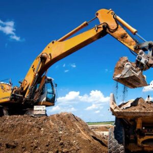 Heavy Equipment earth mover loading dirt into a dump truck
