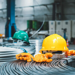 Occupational Health and Safety safety equipment like hardhats and gloves laying around in a manufacturing facility